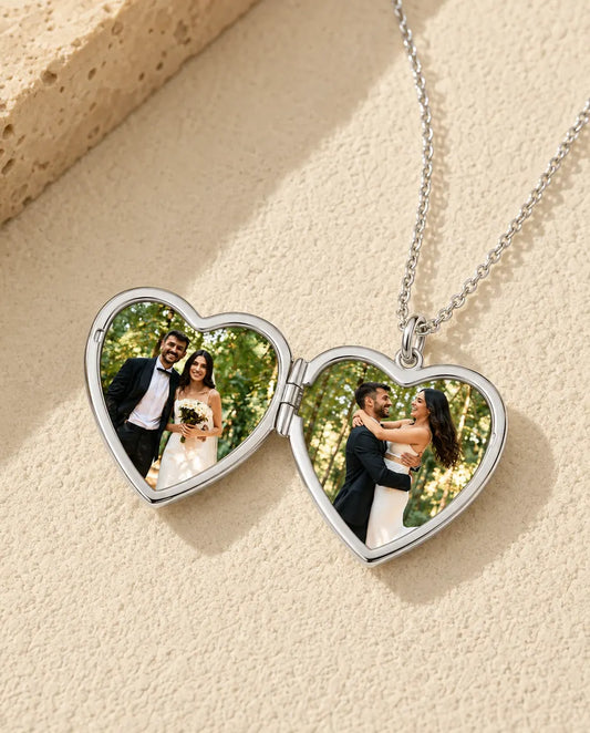 Love Herz Medaillon mit 2 Fotos - Herzmedaillon mit Love-Schriftzug und Perlmutt Rückseite, Silber oder Gold, Kette 45+5 cm