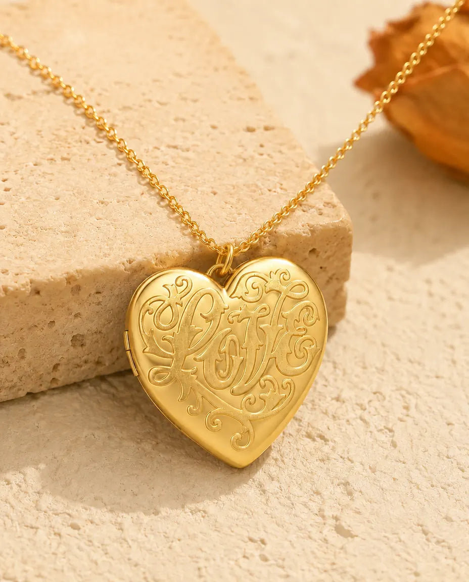 Love Herz Medaillon mit 2 Fotos - Herzmedaillon mit Love-Schriftzug und Perlmutt Rückseite, Silber oder Gold, Kette 45+5 cm