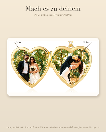 Love Herz Medaillon mit 2 Fotos - Herzmedaillon mit Love-Schriftzug und Perlmutt Rückseite, Silber oder Gold, Kette 45+5 cm