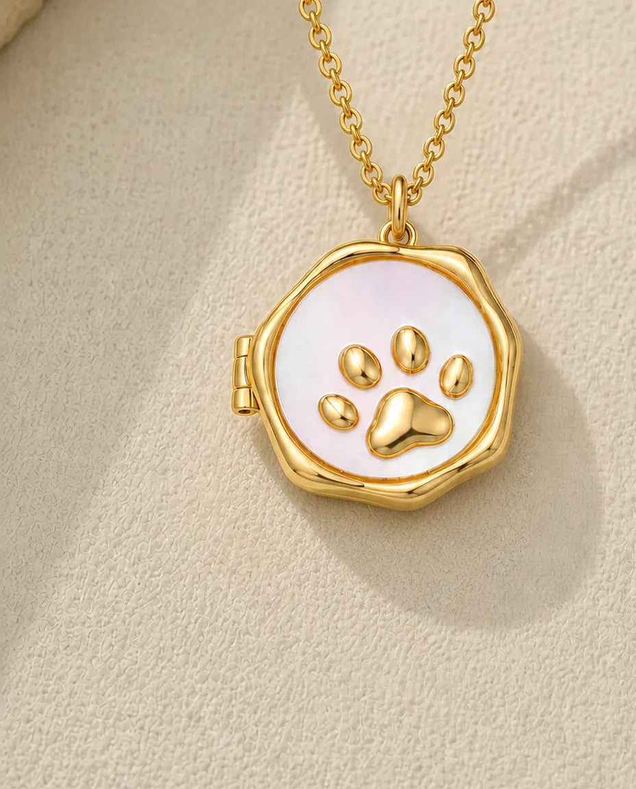 Personalisierte Pfotenabdruck-Medaillon-Kette mit 2 Fotos – Perlmutt-Medaillon in Gold oder Silber, Geschenk für Hundemenschen