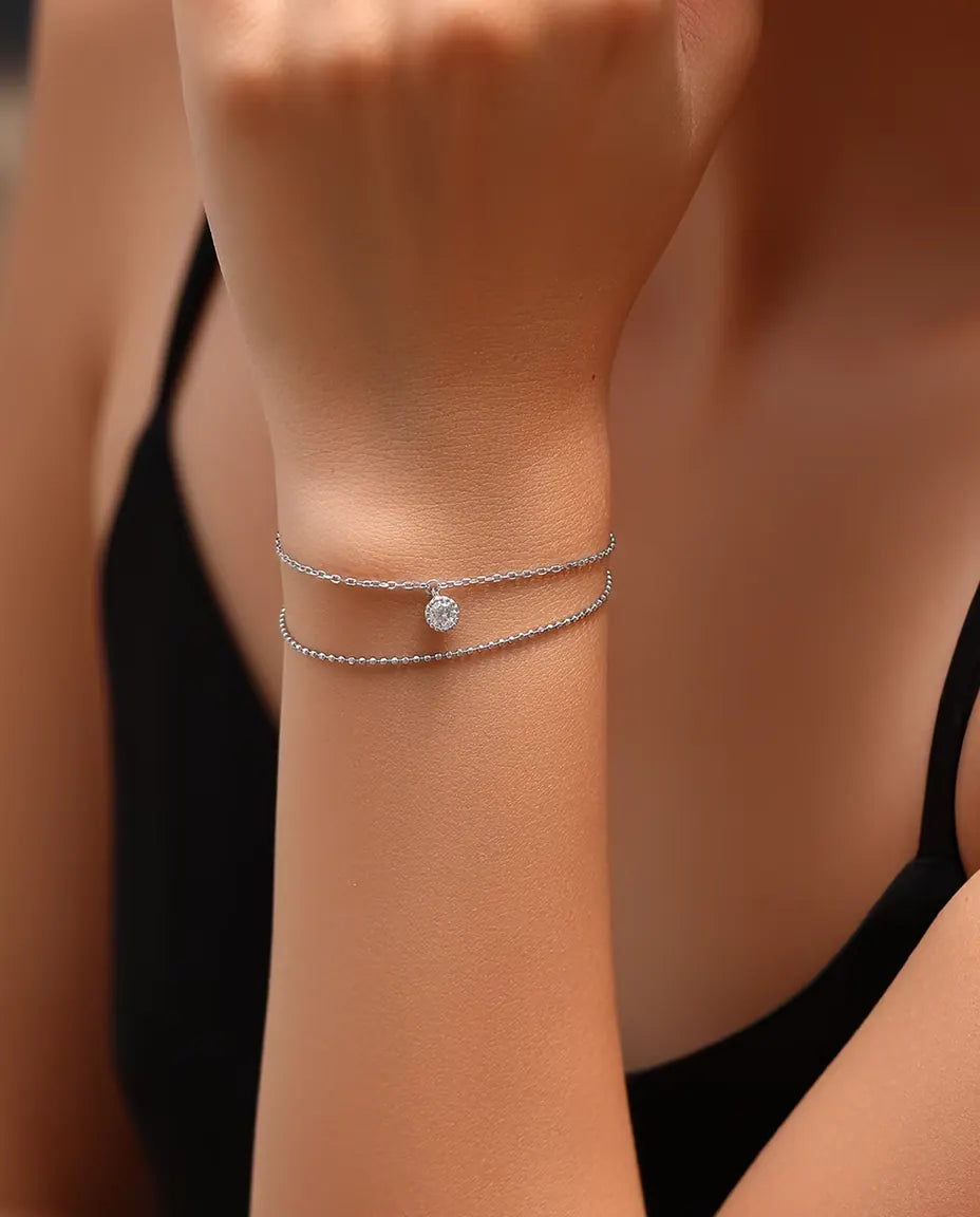 Moissanit Armband mit Anhänger - 0,50 ct Stein in Zargenfassung an doppelter 925er Silberkette, 16+3 cm