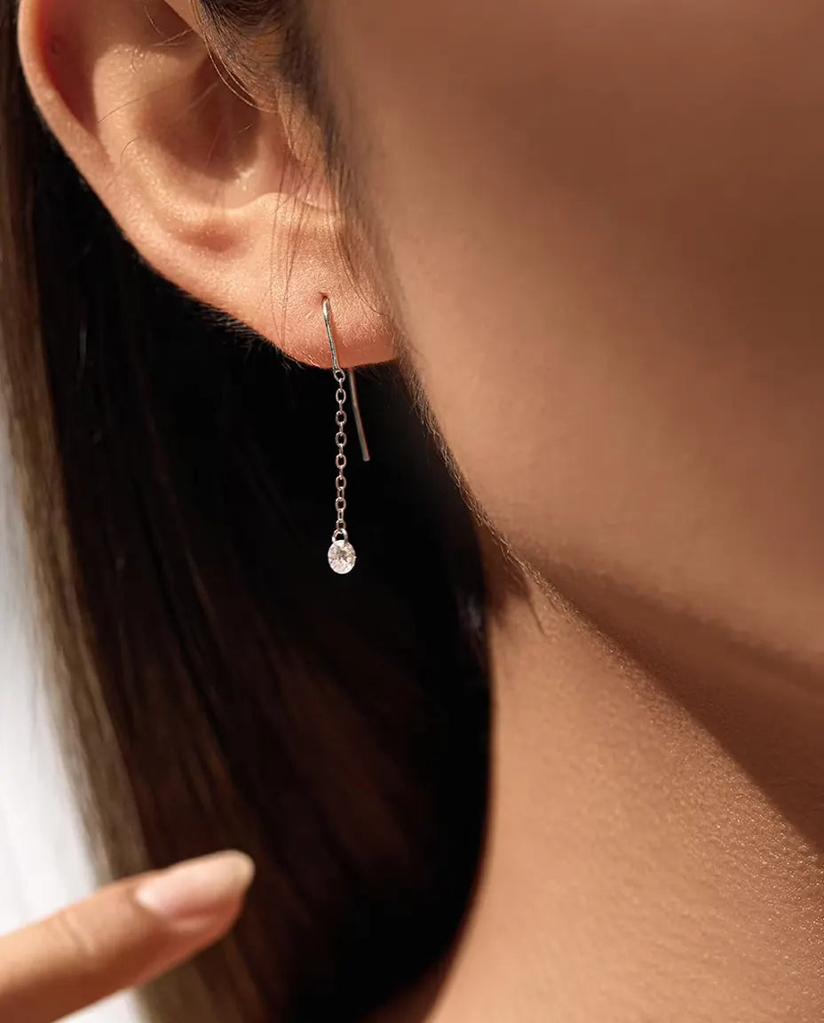 Moissanit Durchzieher Ohrringe - je ein 0,30 ct Stein à 4 mm an 35 mm feiner Silberkette, 925er Sterlingsilber