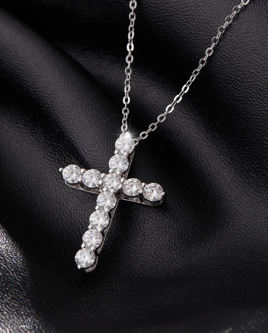 Moissanit Kette Kreuz – 11 Steine in Farbe D VVS1 in Pavé, Anhänger 27 mm aus 925er Sterlingsilber