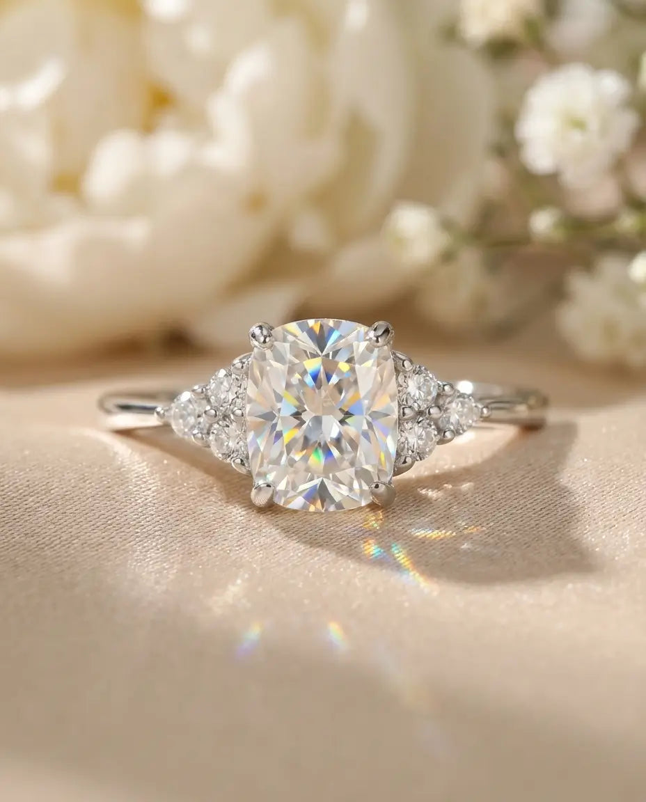 Moissanit Ring – 1 ct länglicher Cushion-Schliff, Farbe D VVS1, 925er Sterlingsilber, Verlobungsring für Sie