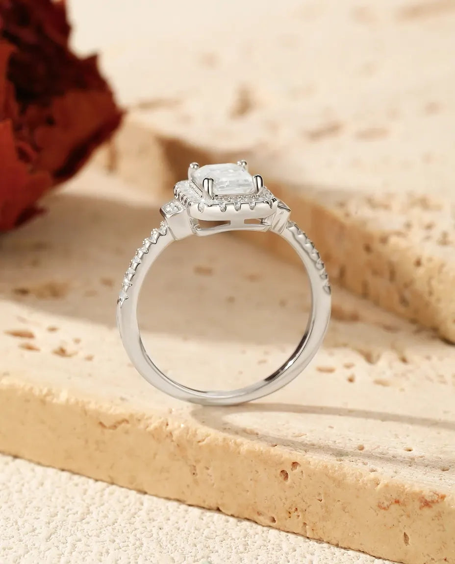 Moissanit Ring – 1 ct Smaragdschliff Farbe D im Art-déco-Halo, 925er Sterlingsilber, Vintage-Verlobungsring für Damen
