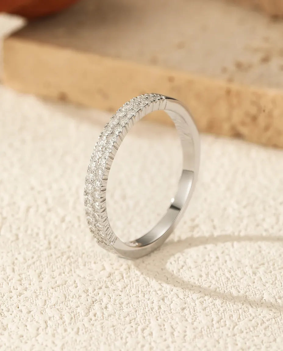 Moissanit Ring – zweireihiger Half-Eternity-Ring mit D-Farbe VVS1 Pavé, 925er Sterlingsilber, Stapelring für Damen