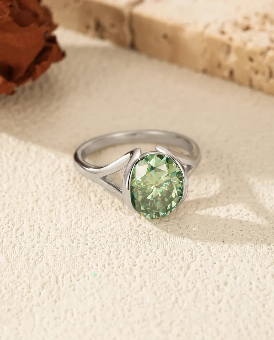 Moissanit Ring – 3 ct grüner Ovalschliff, im Labor gezüchtet, moderne Spannring-Optik, 925er Sterlingsilber, Statement-Ring für Damen