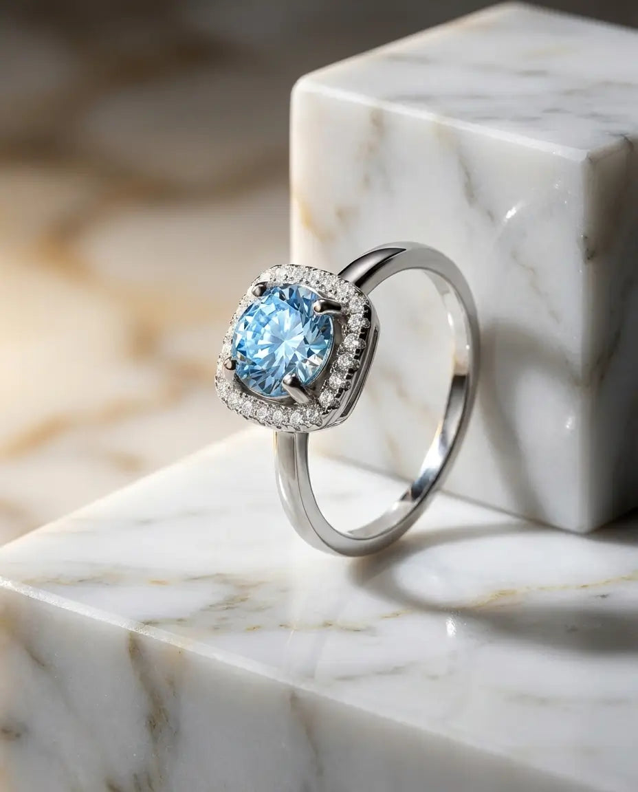 Moissanit Ring – Halo-Verlobungsring mit meerblauem Stein, 1 Karat VVS1, 925er Sterlingsilber, Geschenk für Sie