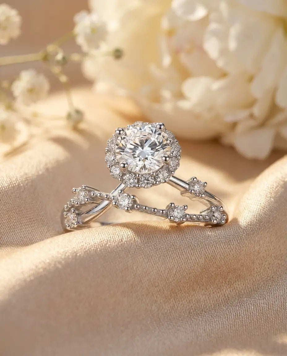 Moissanit Ring – 0,8 ct Halo Verlobungsring mit gedrehtem Vintage-Band, 925er Sterlingsilber, Geschenk für Sie