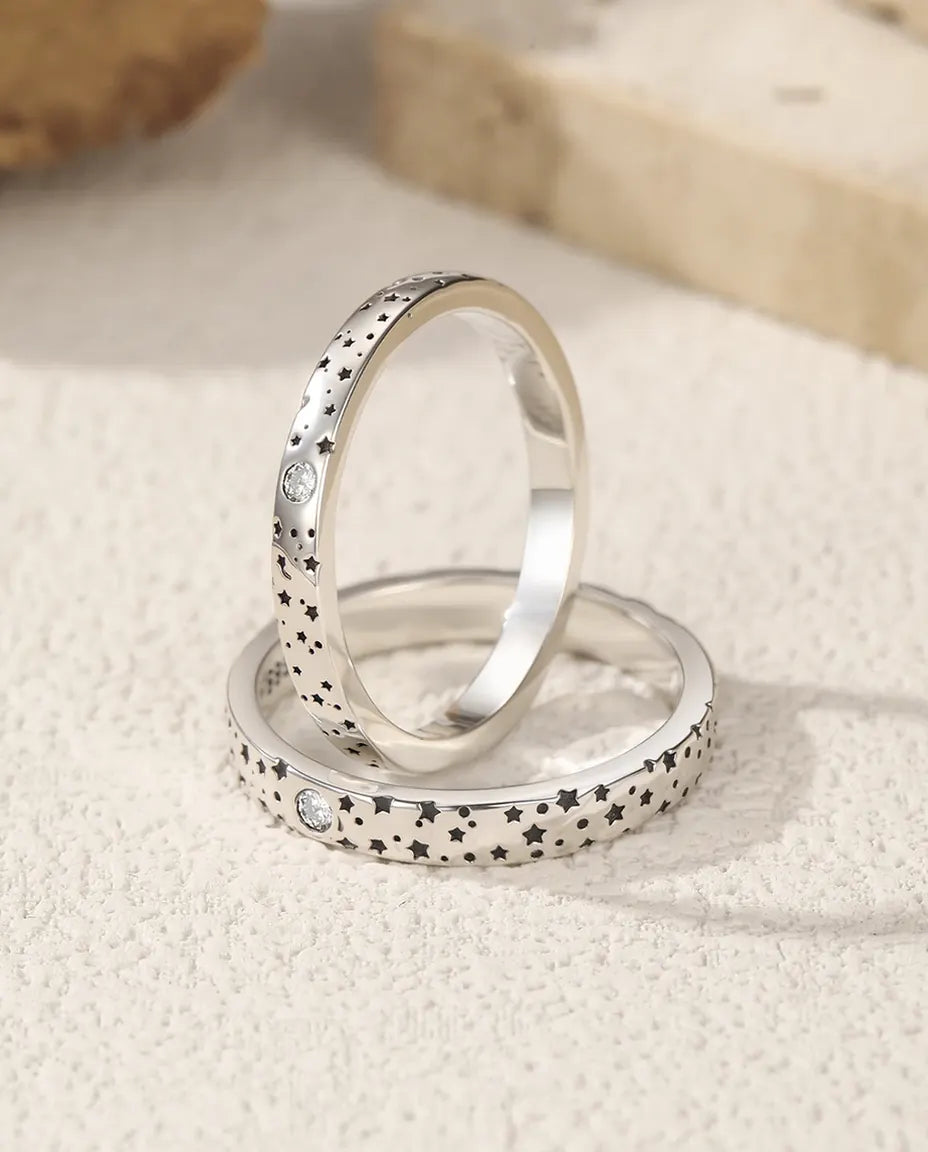 Moissanit Ring Set für Paare – zwei Partnerringe mit Steinen in Farbe D, 925er Sterlingsilber, Geschenk für Paare