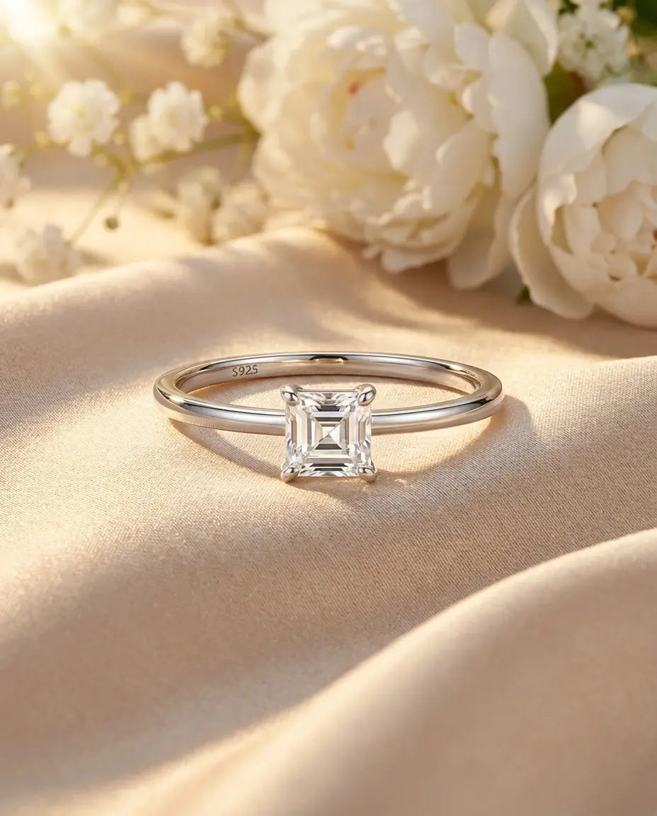 Moissanit Ring – 0,35 ct im Prinzess-Schliff, zarter Solitär aus 925er Sterlingsilber, Geschenk für Sie