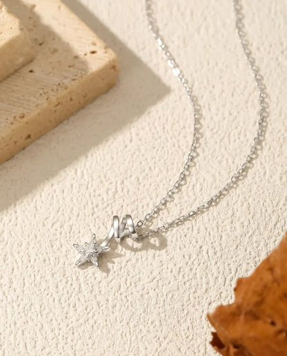 Moissanit Sternkette - 2 mm Mittelstein mit fünf Pavé-Akzenten und Spiralglied, 925er Sterlingsilber, 40+5 cm