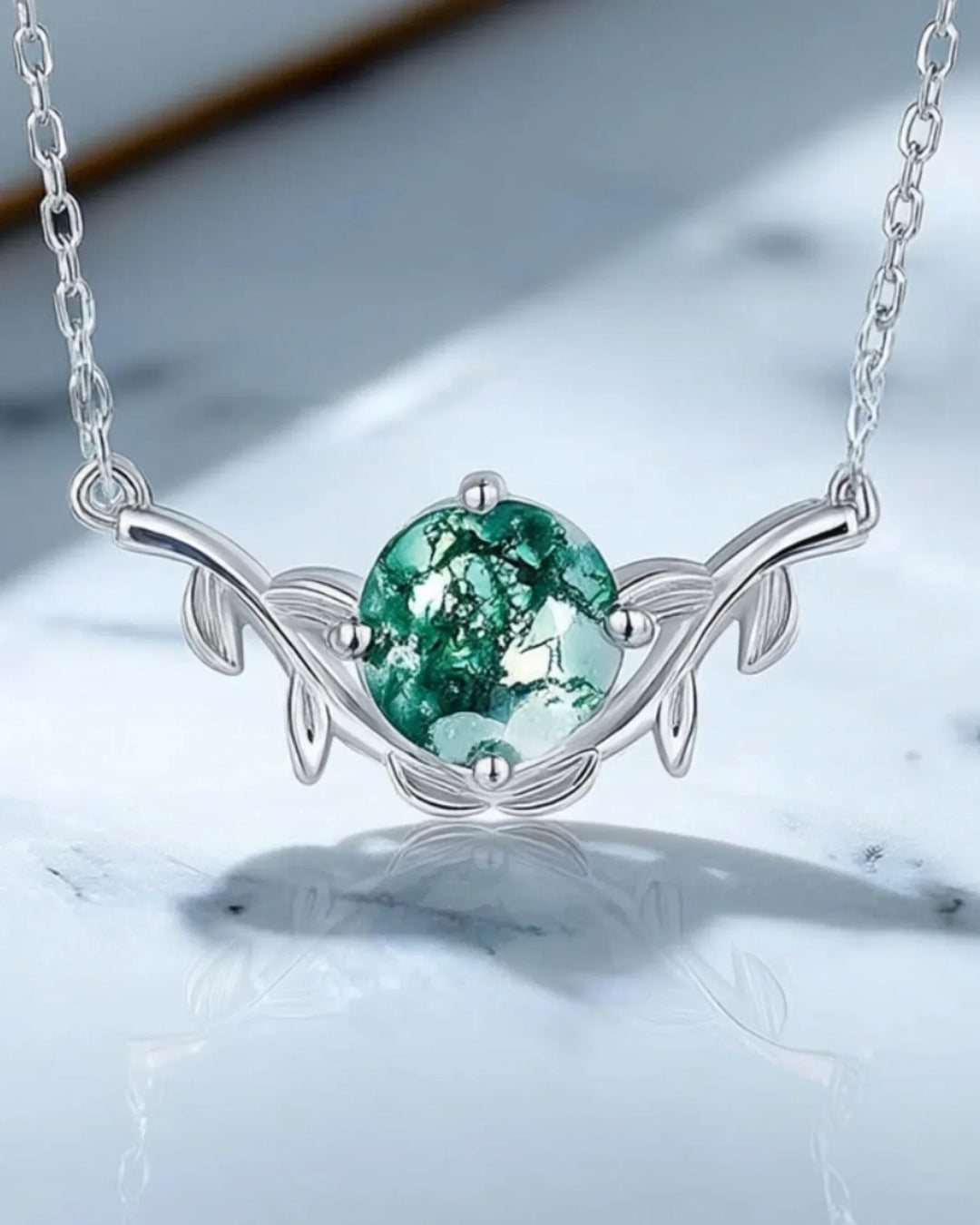 Moosachat Kette – runder Stein in Blatt-und-Zweig-Fassung, 925er Sterlingsilber, Geschenk für Naturliebhaberinnen
