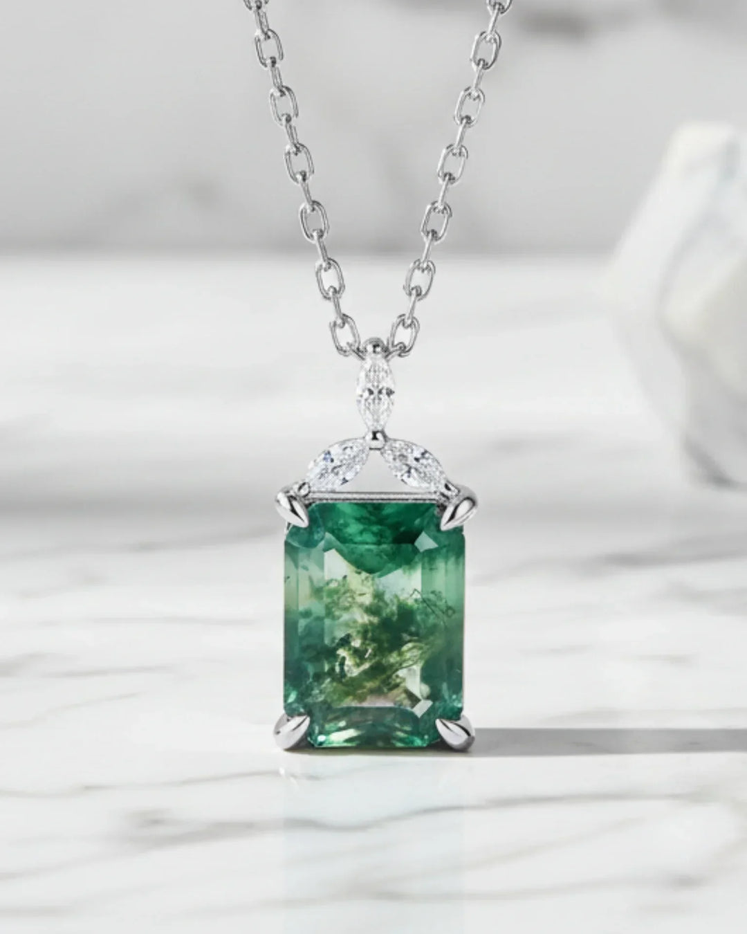 Moosachat Kette – Smaragdschliff mit Marquise-Zirkonia, poliertes 925er Sterlingsilber, Geschenk für sie