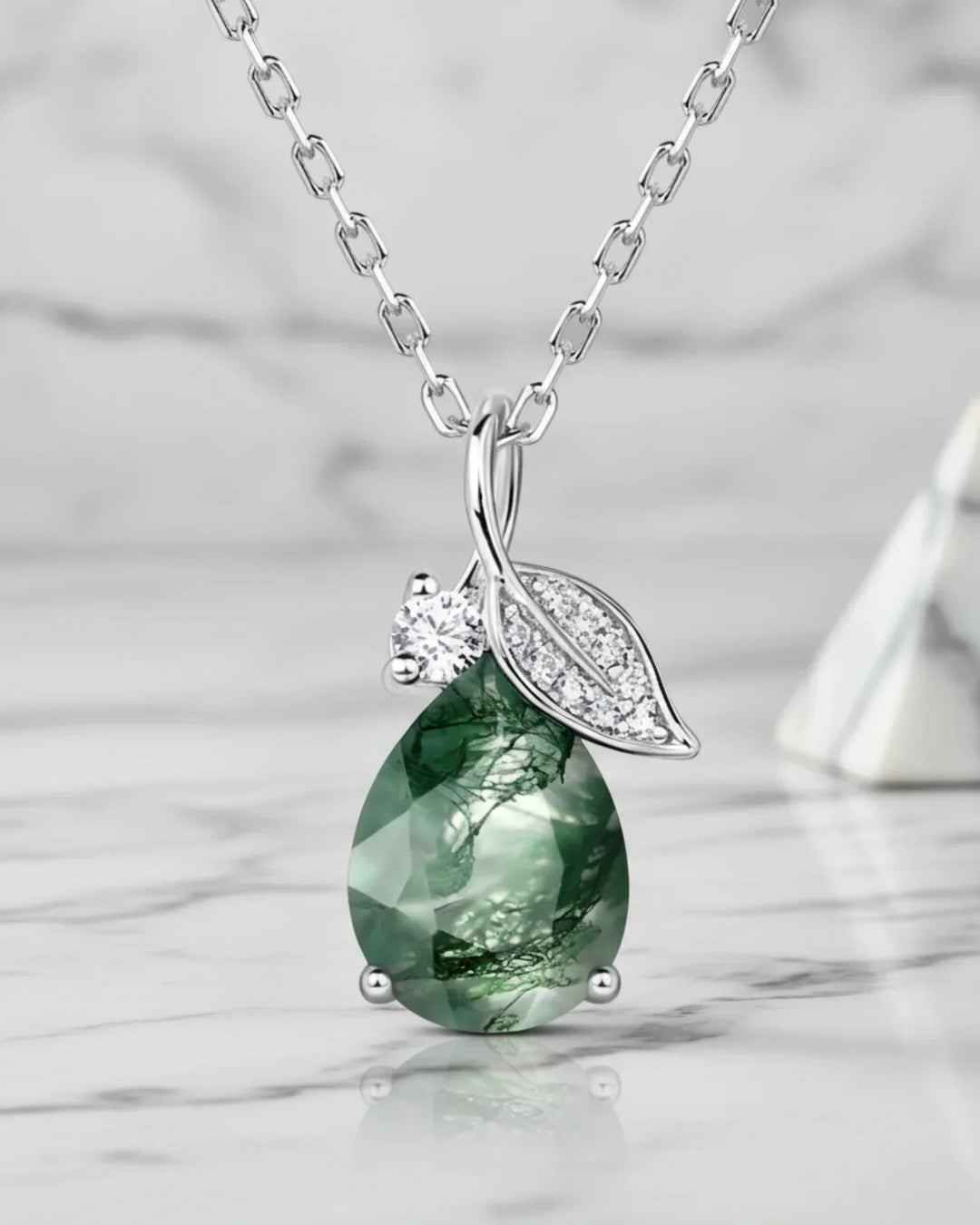 Moosachat Kette – Tropfenanhänger mit Blatt und Zirkonia, 925er Sterlingsilber, Geschenk für sie