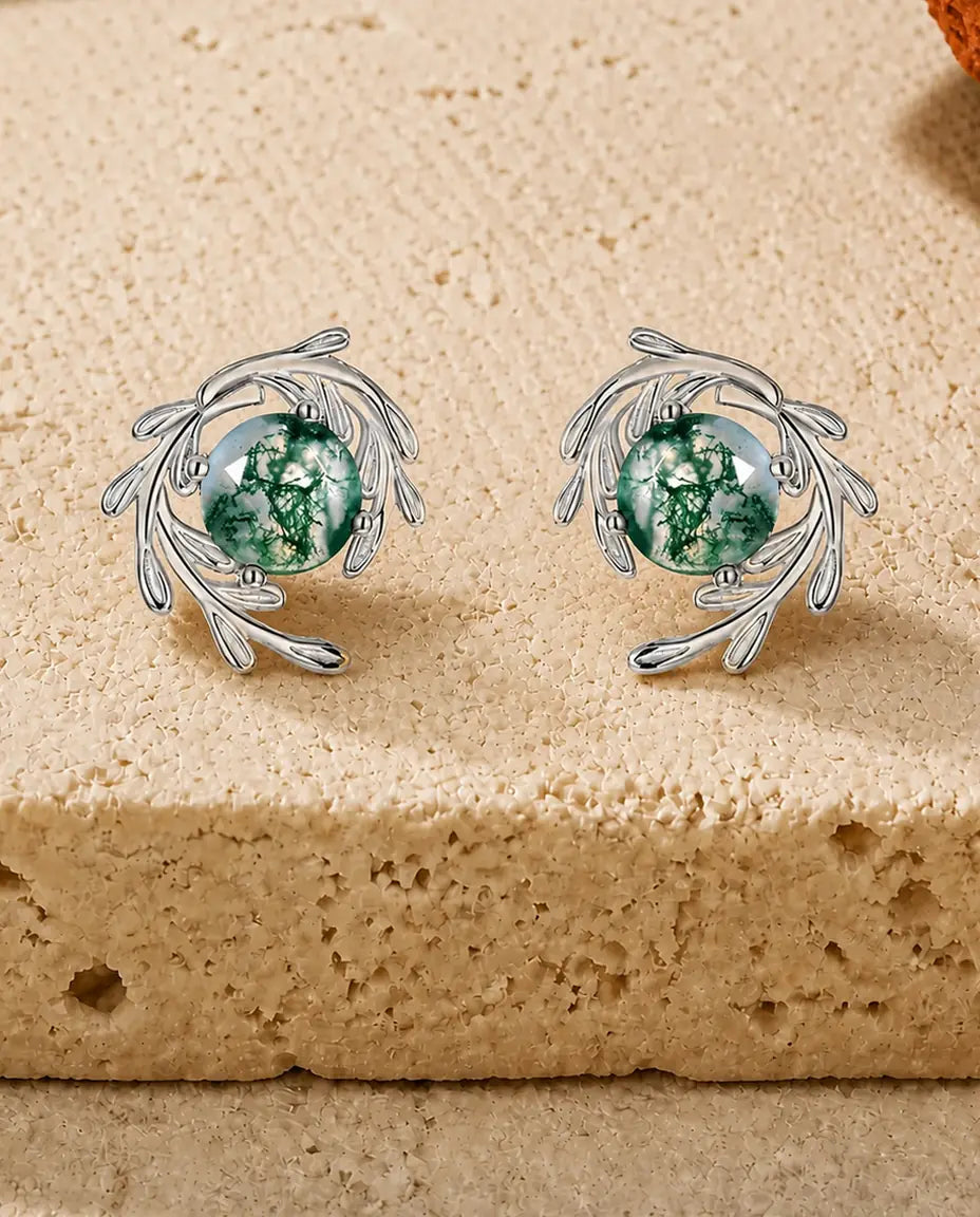 Moosachat Ohrstecker - Runder Moosachat in einem Wirbel aus Silberblattranken, 925er Sterlingsilber, Geschenk für sie
