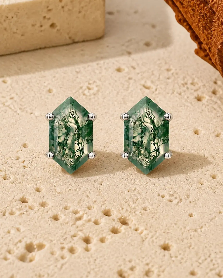 Moosachat Ohrstecker - Grüner Moosachat im Sechseck-Schliff als Solitär, 925er Sterlingsilber, Geschenk für jeden Tag