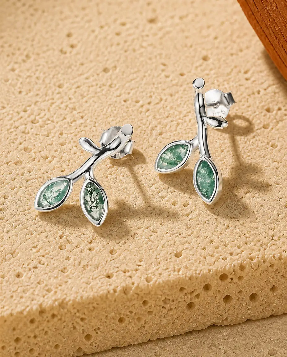 Moosachat Ohrstecker - Zwei Marquise-Blätter an einem Silbertrieb, 925 Sterlingsilber, Geschenk für sie