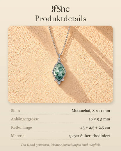 Moosachat Kette in Rautenform aus 925 Sterlingsilber - Produktdetails mit Steinen, Anhängergrösse, Kettenlänge und Material