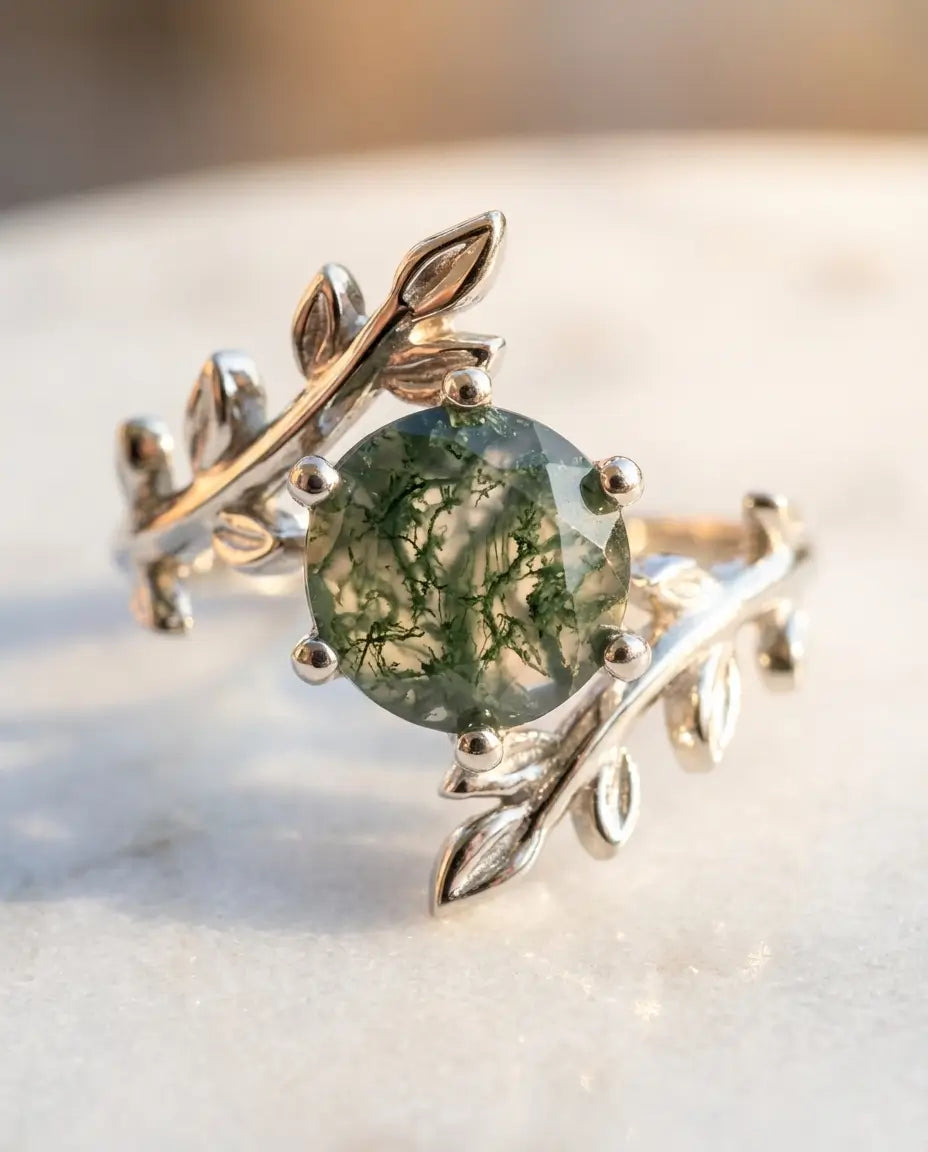 Moosachat Ring – Blätter-Design aus 925er Sterlingsilber, 8mm runder grüner Stein, Geschenk für Sie
