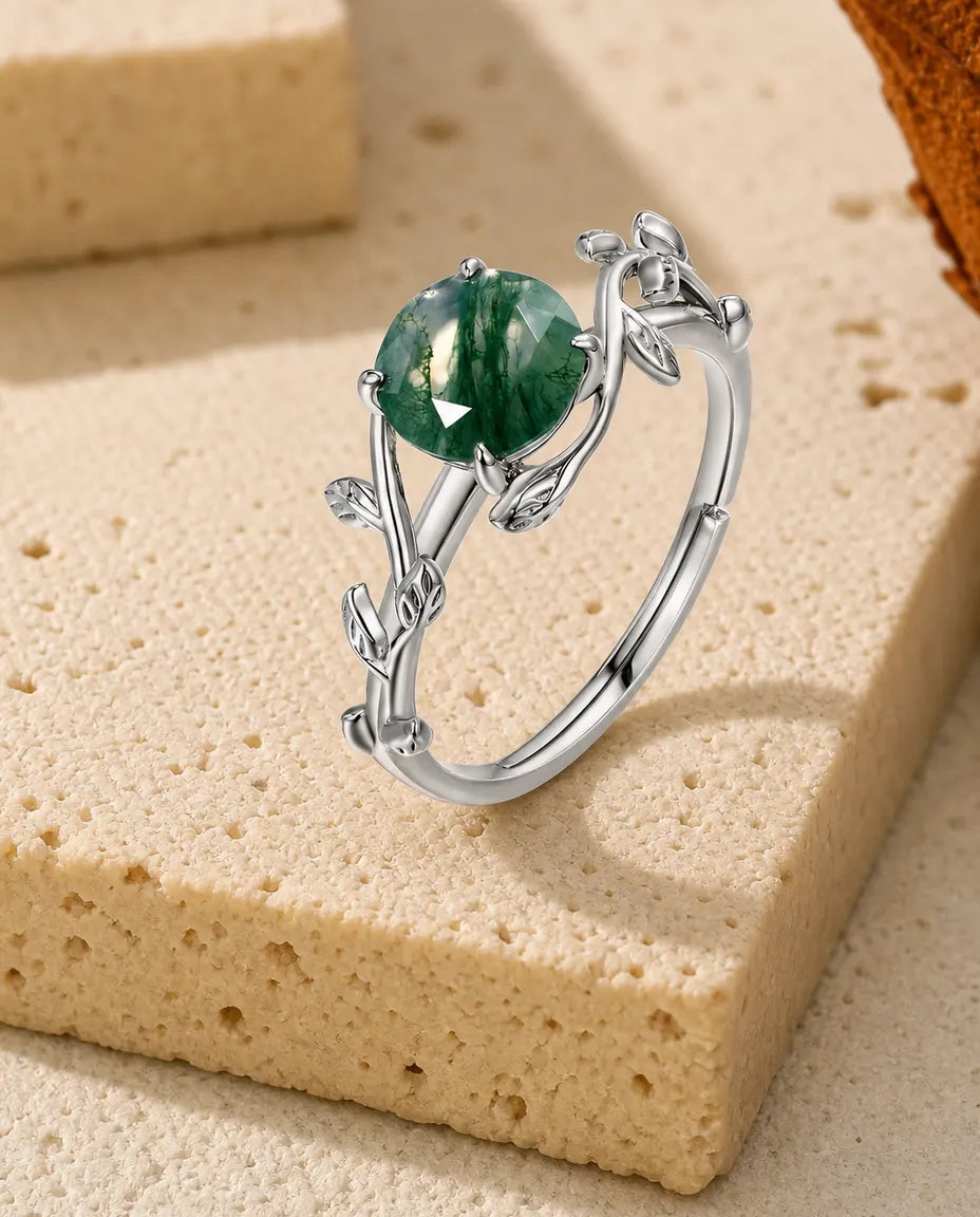 Moosachat Ring – Blätterranke mit rundem Stein im Rosenschliff, 925er Sterlingsilber, grössenverstellbar, Naturring für Damen