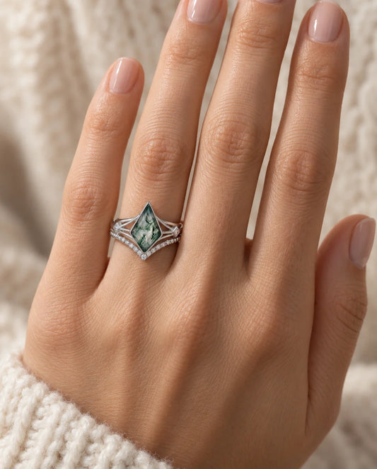 Moosachat Ring Set - an der Hand getragen