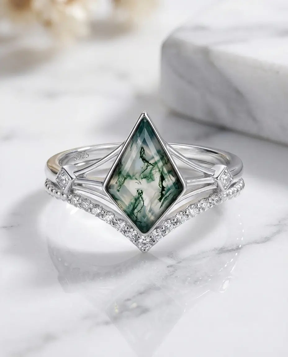Moosachat Ring Set – Kite-Schliff mit geschwungenem Beisteckring, 925er Sterlingsilber, Braut-Set für Sie