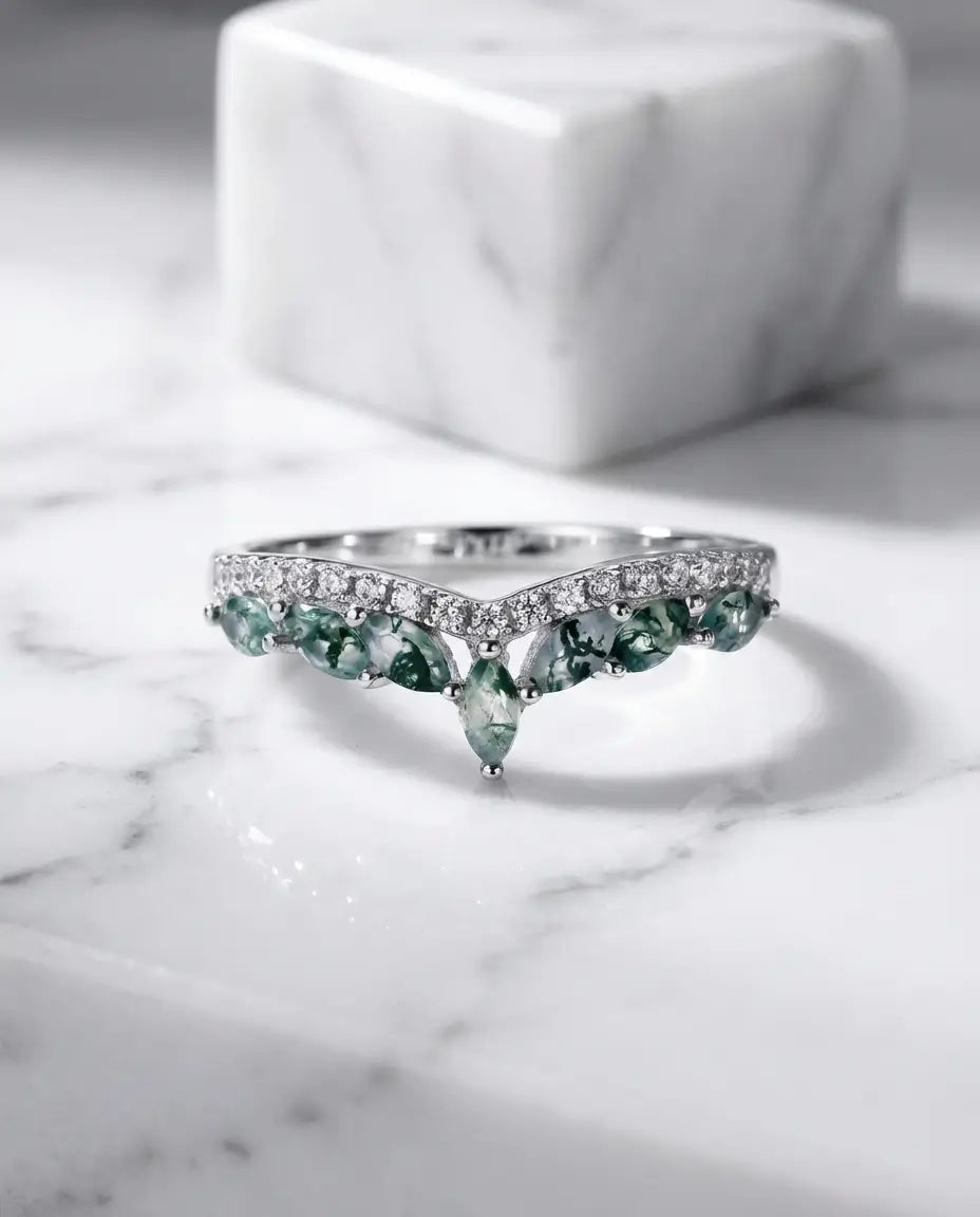 Moosachat Ring – Chevron-Band mit Marquise-Steinen im Blätter-Design, 925er Sterlingsilber, Beisteckring für Sie