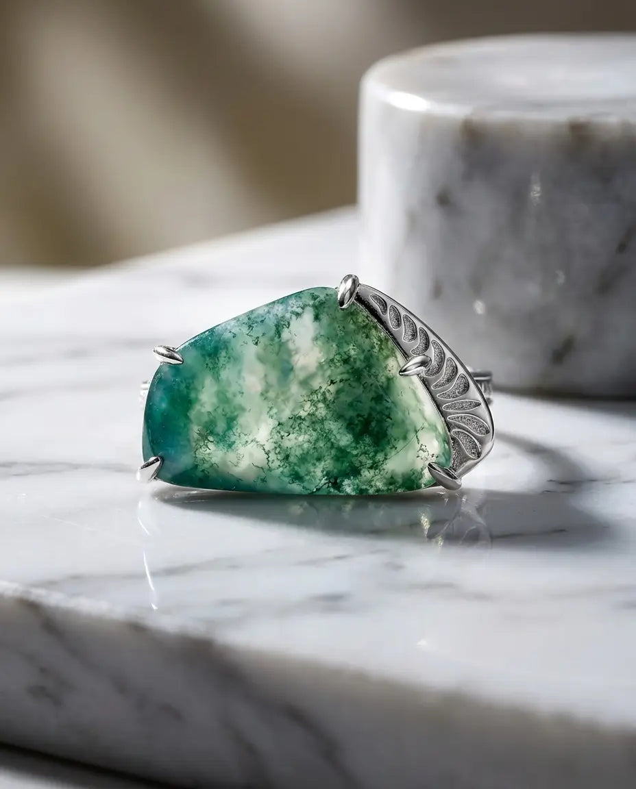 Moosachat Ring – Freiform-Statement mit Blattgravur, 925er Sterlingsilber, grössenverstellbar, Geschenk für Sie