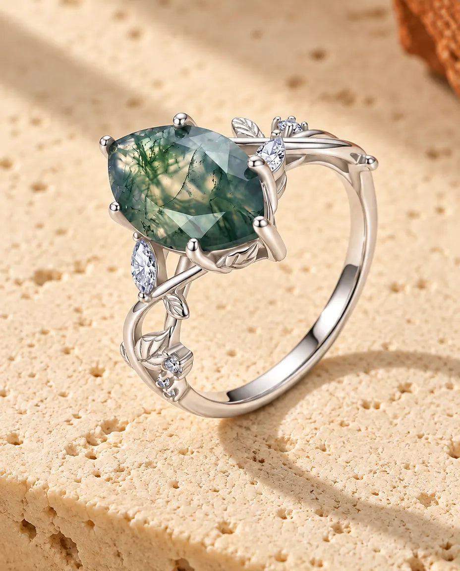 Moosachat Ring – Marquise-Solitär auf Silberranken mit Blättern und Zirkonia, 925 Sterlingsilber Verlobungsring im Natur-Design