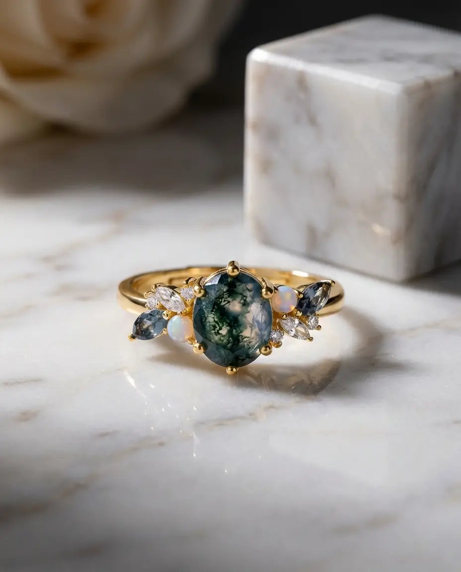 Moosachat Ring – Oval mit Opal- und Zirkon-Akzenten, Vintage-Design vergoldet, grössenverstellbar, Geschenk für Sie