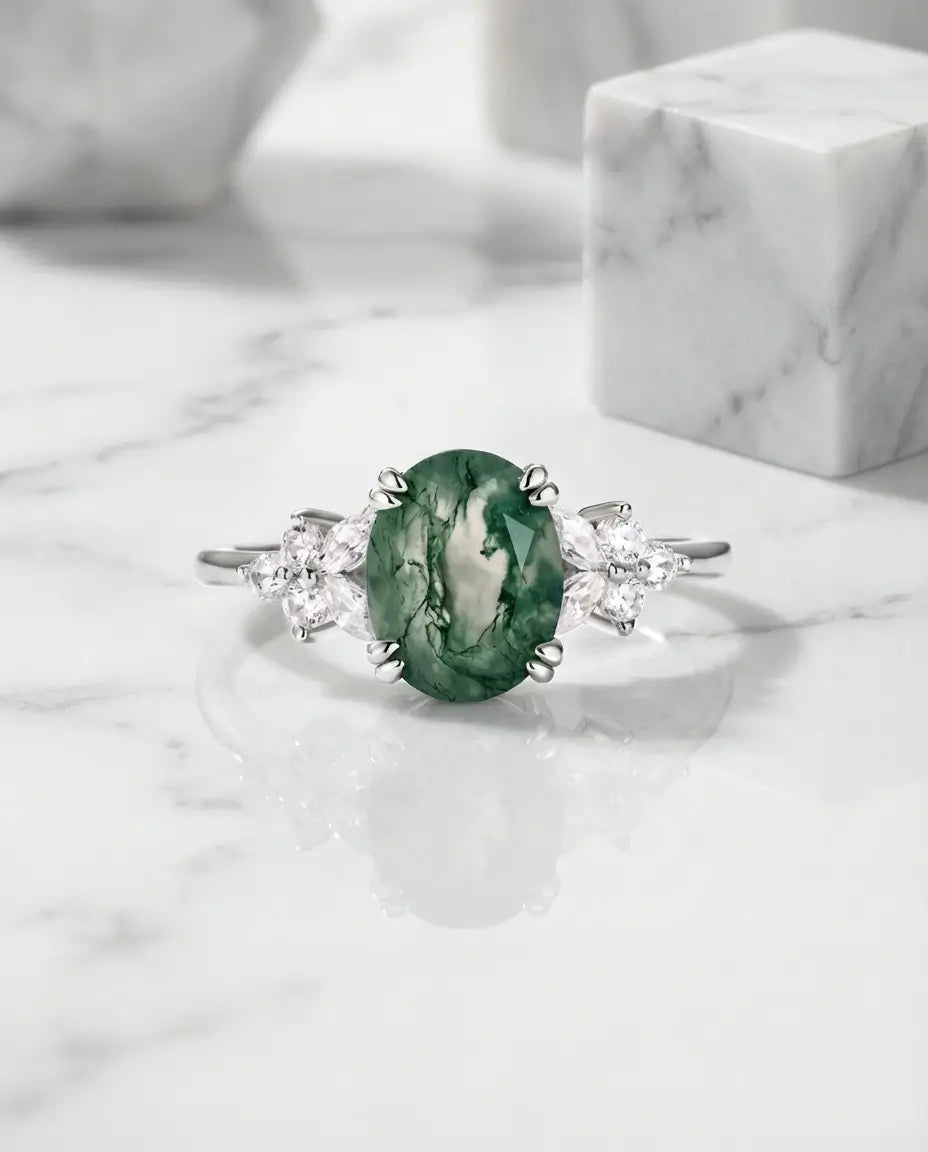 Moosachat Ring – Ovaler grüner Naturstein in 925er Sterlingsilber, Naturschmuck und Geburtstagsgeschenk für Sie