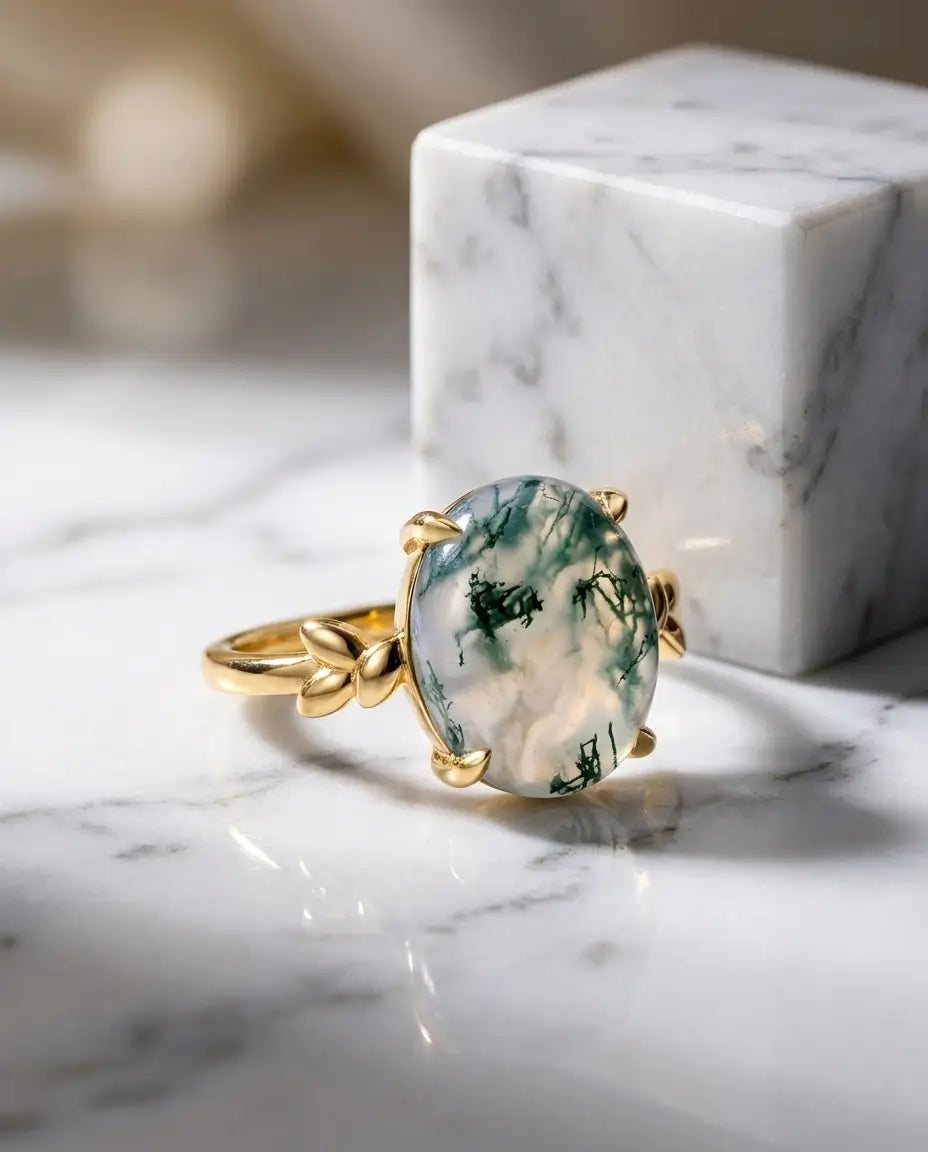 Moosachat Ring – Ovaler Solitär, 925er Sterlingsilber 10k vergoldet mit Blattkrappen, Geschenk für Sie