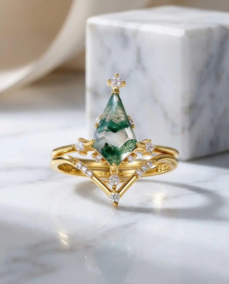 Moosachat Ring Set – Kite-Schliff im Art-Deco-Stil, 10k vergoldet mit Zirkonia-Akzenten, grüner Naturstein-Ring für Sie
