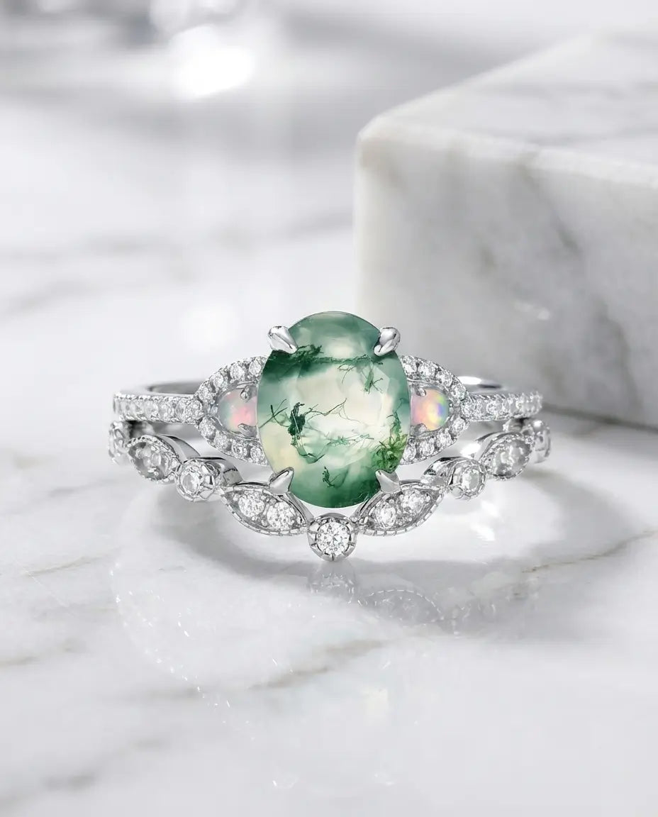 Moosachat Ring Set – Ovaler Moosachat mit Opal-Akzenten und Pavé, Vintage-Stil, 925er Sterlingsilber, Verlobungsring für Sie