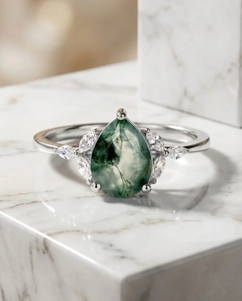 Moosachat Ring – Verlobungsring in Tropfenform mit Marquise-Akzenten, 925er Sterlingsilber, Geschenk für Sie