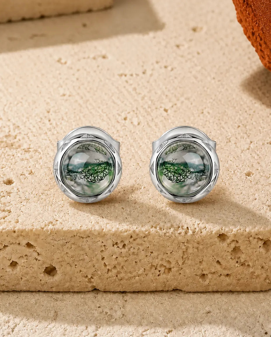 Moosachat Ohrstecker - Runder grüner Moosachat-Cabochon in gedrehter Kordelfassung, 925 Sterlingsilber, Geschenk für sie