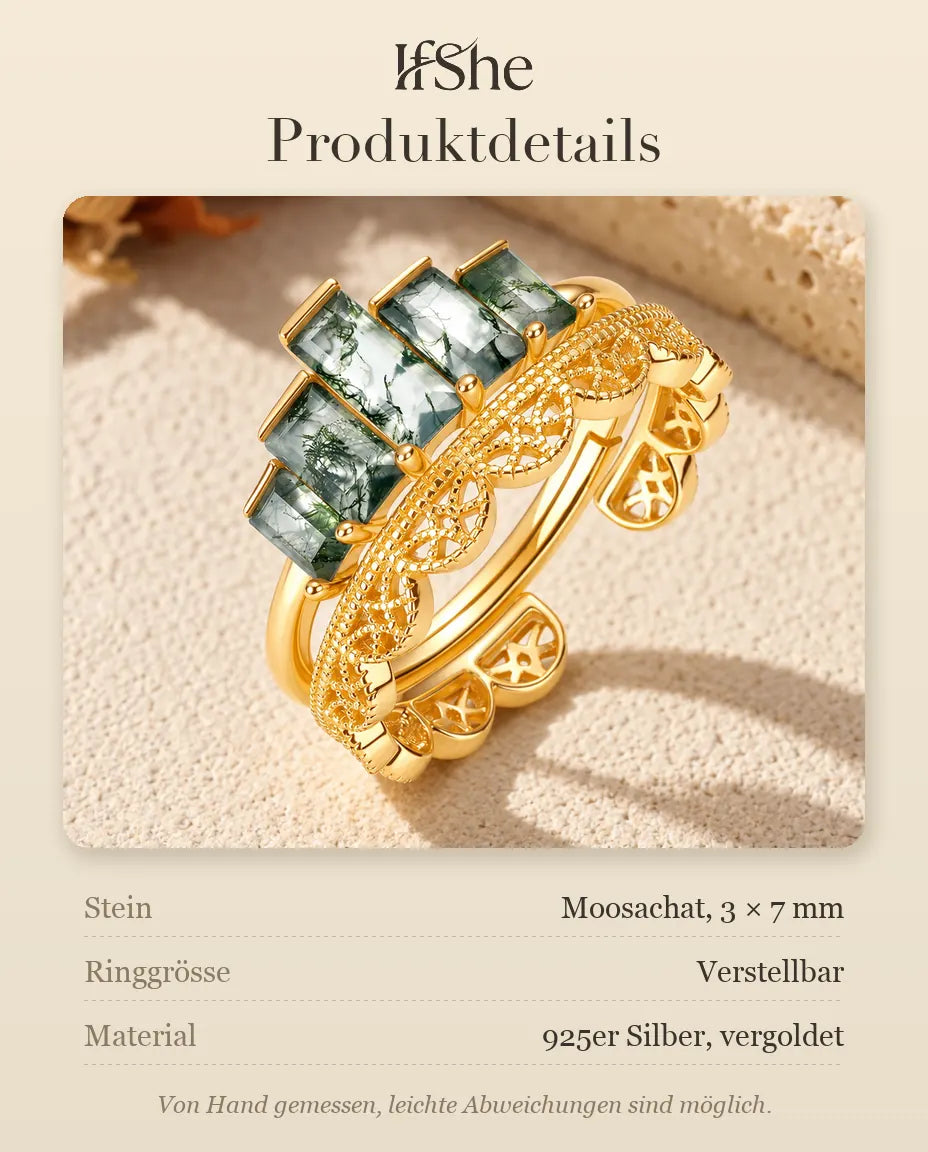 Moosachat Stapelring Set aus vergoldetem 925 Sterlingsilber - Produktdetails mit Steingrösse, Ringgrösse und Material