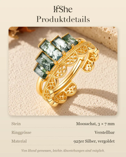 Moosachat Stapelring Set aus vergoldetem 925 Sterlingsilber - Produktdetails mit Steingrösse, Ringgrösse und Material