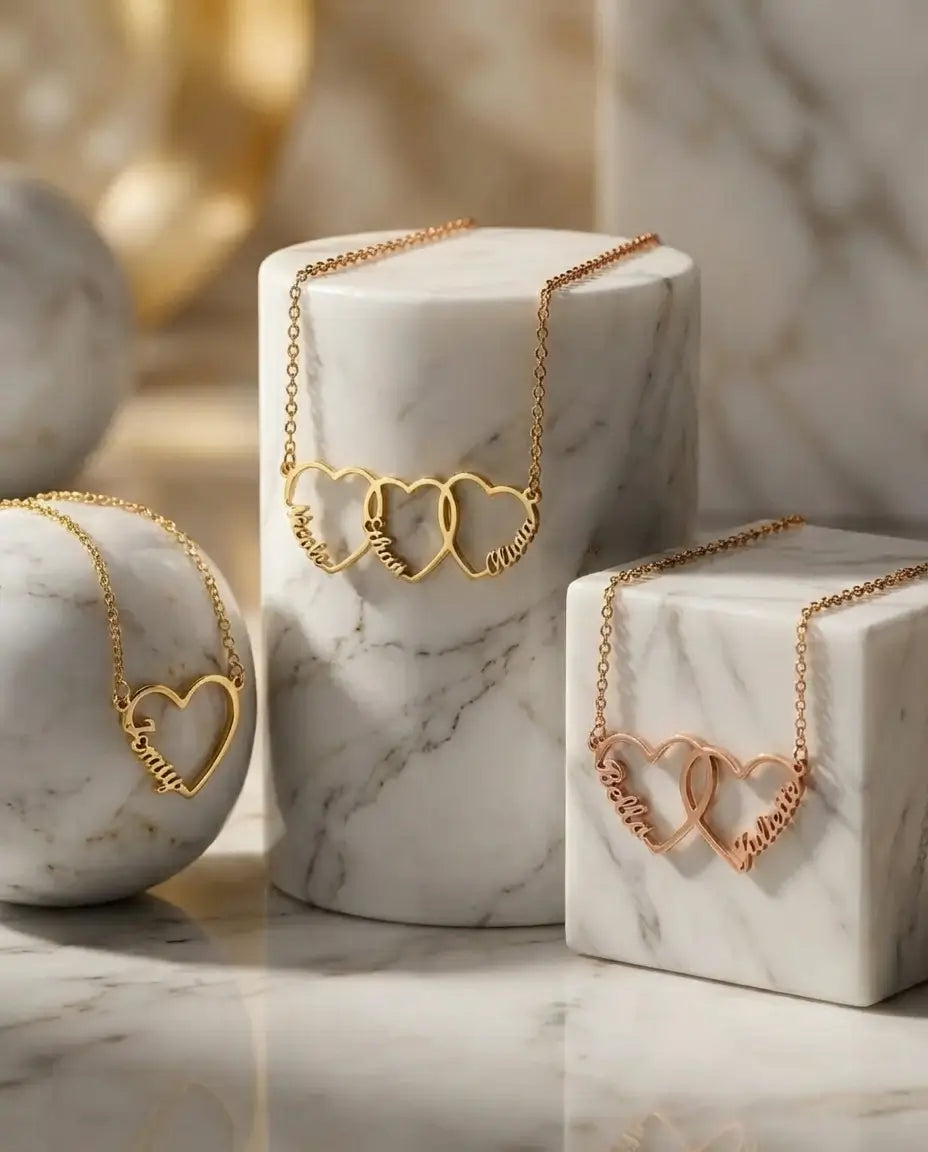 Namenskette mit verbundenen Herzen – 1–5 Namen graviert, personalisiertes Geschenk für Mama, Oma, Muttertag