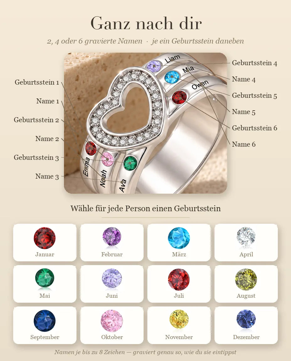 Personalisierter Geburtsstein Ring mit 2, 4 oder 6 Namen - Familienring mit offenem Herz, Gravur und simulierten Geburtssteinen, rhodiniert