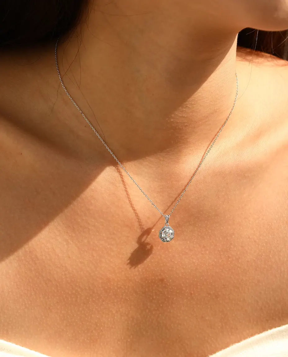 Oktagon Halo Kette - Zirkonia im Treppenschliff mit Pavé Kranz, 40+5 cm, 925 Sterlingsilber