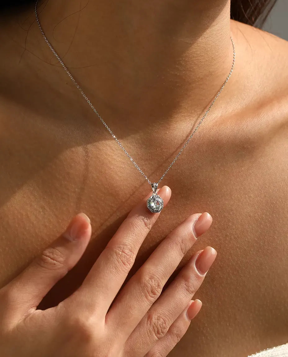 Oktagon Halo Kette - Zirkonia im Treppenschliff mit Pavé Kranz, 40+5 cm, 925 Sterlingsilber
