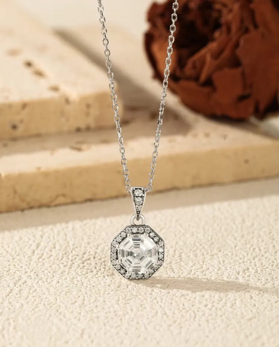 Oktagon Halo Kette - Zirkonia im Treppenschliff mit Pavé Kranz, 40+5 cm, 925 Sterlingsilber