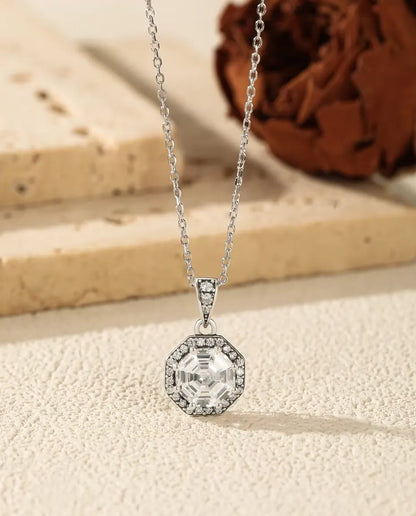 Oktagon Halo Kette - Zirkonia im Treppenschliff mit Pavé Kranz, 40+5 cm, 925 Sterlingsilber