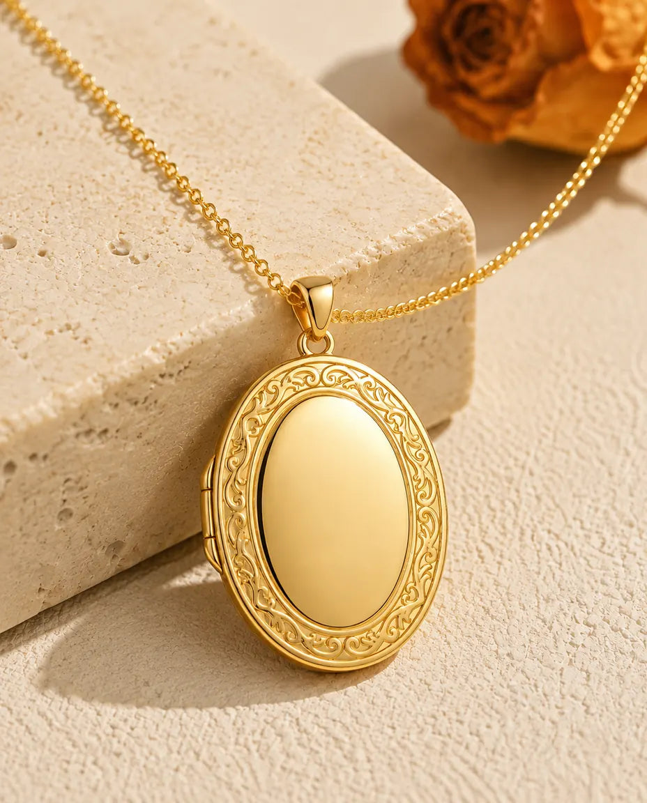 Ovales Medaillon mit Gravur und 2 Fotos - Medaillon mit Rankenrand und Perlmutt Rückseite, Silber oder Gold, Kette 50+5 cm