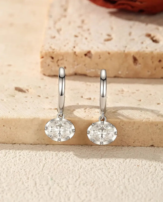 Ovale Moissanit Creolen mit Anhänger - je 1,00 ct Steine 5 x 7 mm, 21 mm Gesamtlänge, 925 Sterlingsilber