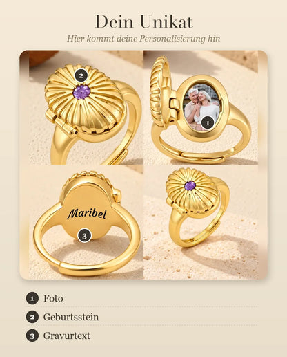 Personalisierungsanleitung für den ovalen Medaillon-Ring: Foto, Geburtsstein und Gravur