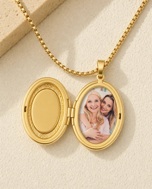 Personalisierte ovale Medaillon Kette mit Perlmutt für 1 Foto, Vintage Blumenmedaillon in Gold, Geschenk für sie