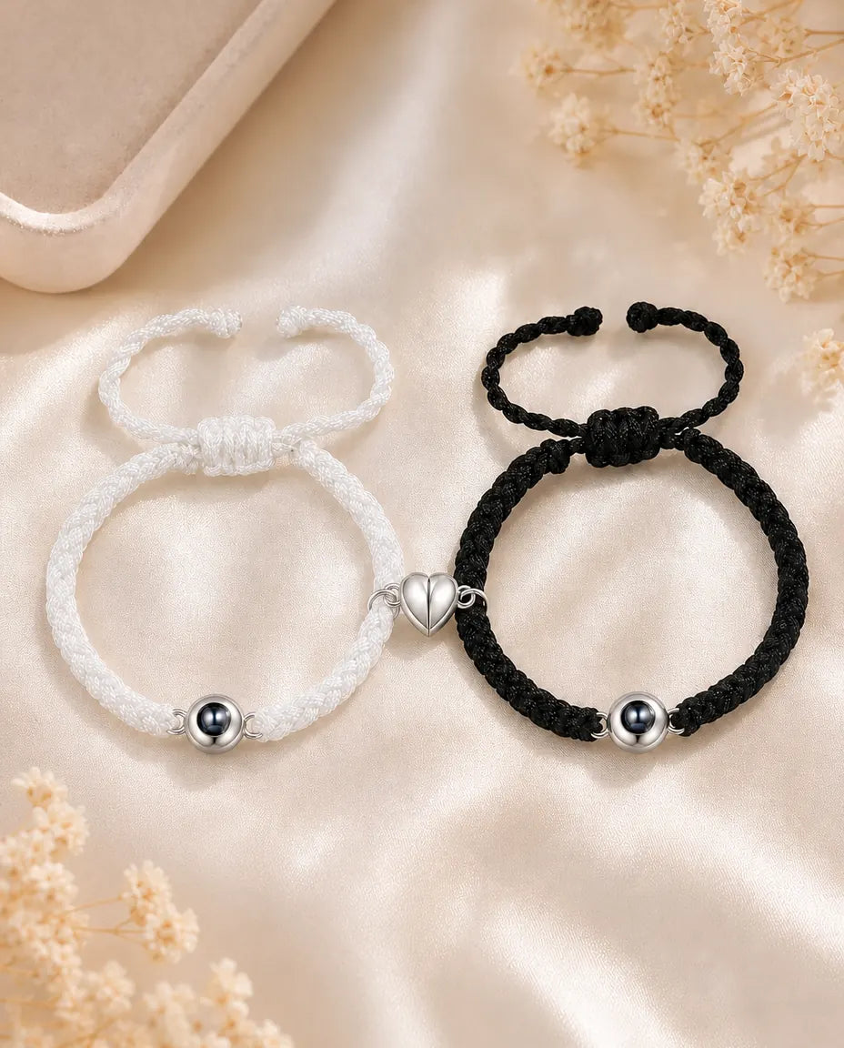 Partnerarmbänder 2er-Set mit Foto im Stein, magnetisches Halbherz, geflochtenes Band, personalisiertes Geschenk für Paare